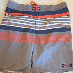 Vineyard Vines Men's Gray and Red Striped Board Shorts